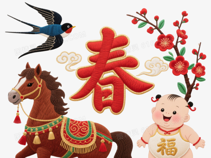 红金春字年画节日元素