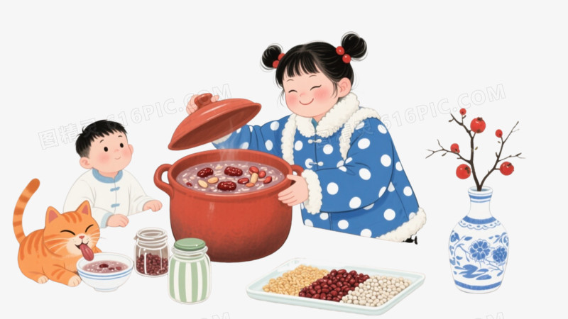 蓝白波点女孩腊八粥水墨插画元素