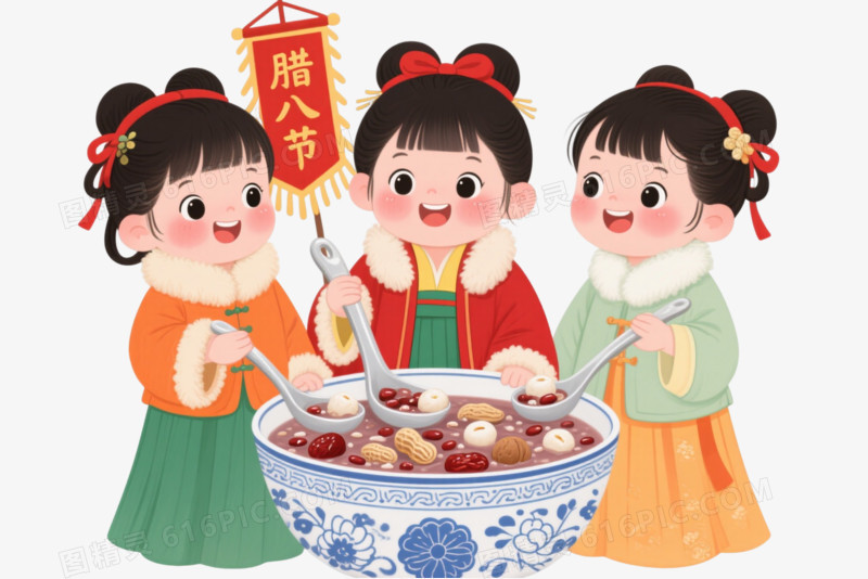 古风三女童腊八节卡通手绘元素