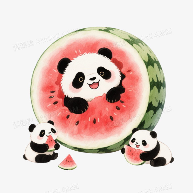水彩熊猫西瓜大暑卡通手绘元素
