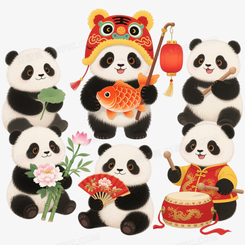 九只国风熊猫幼崽卡通手绘元素