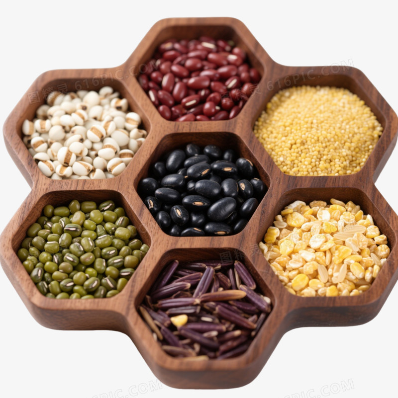 木质六格五谷杂粮产品实物元素