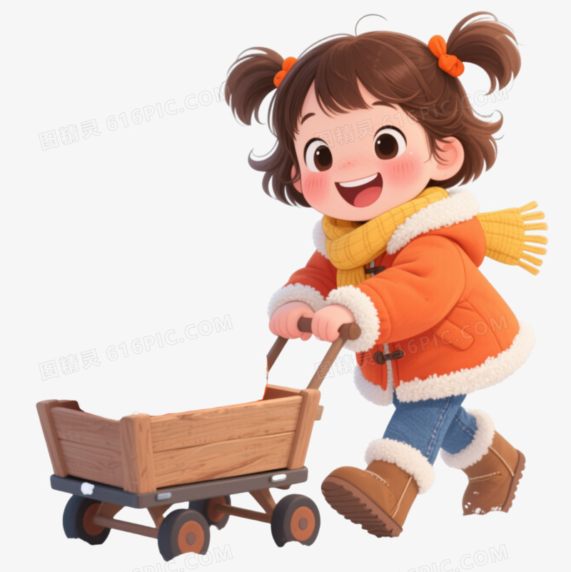 橙色外套女孩推南瓜卡通手绘元素