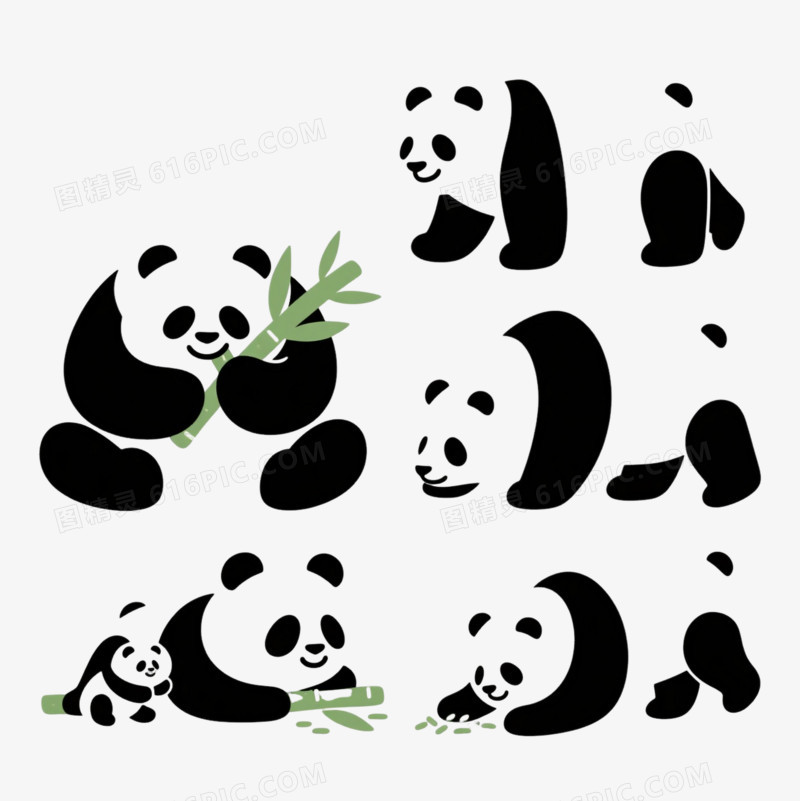 七只卡通大熊猫扁平插画元素