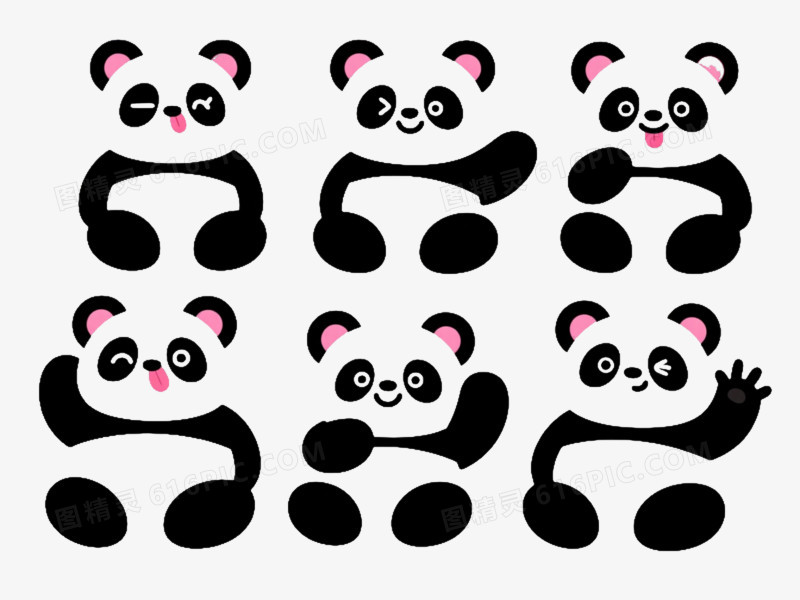 六只可爱熊猫卡通手绘元素