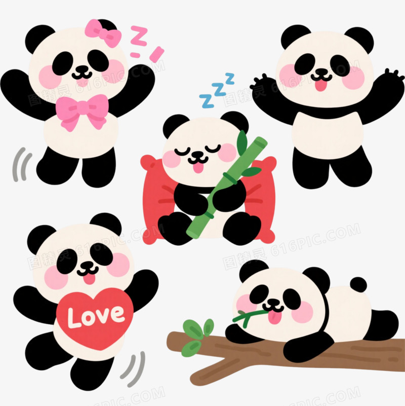 六只可爱熊猫卡通手绘元素
