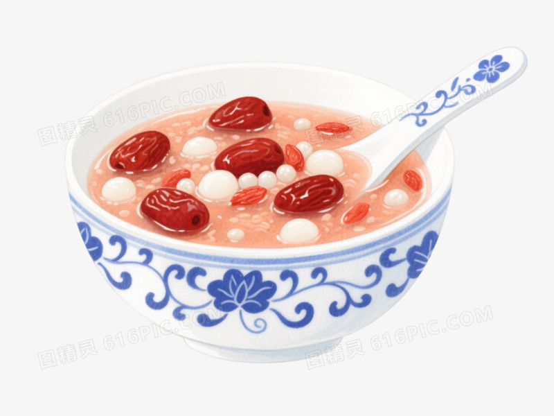青花瓷红枣枸杞粥水彩手绘元素