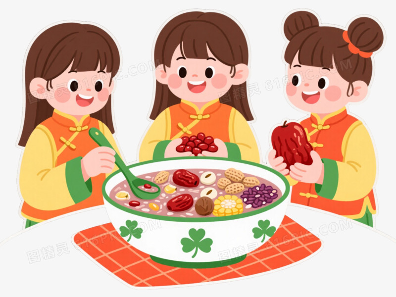 中式女孩腊八粥卡通手绘元素