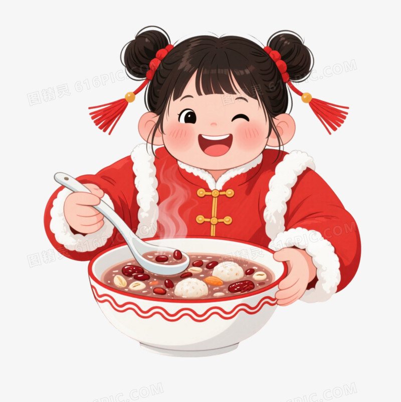 红袄女孩腊八粥卡通手绘元素