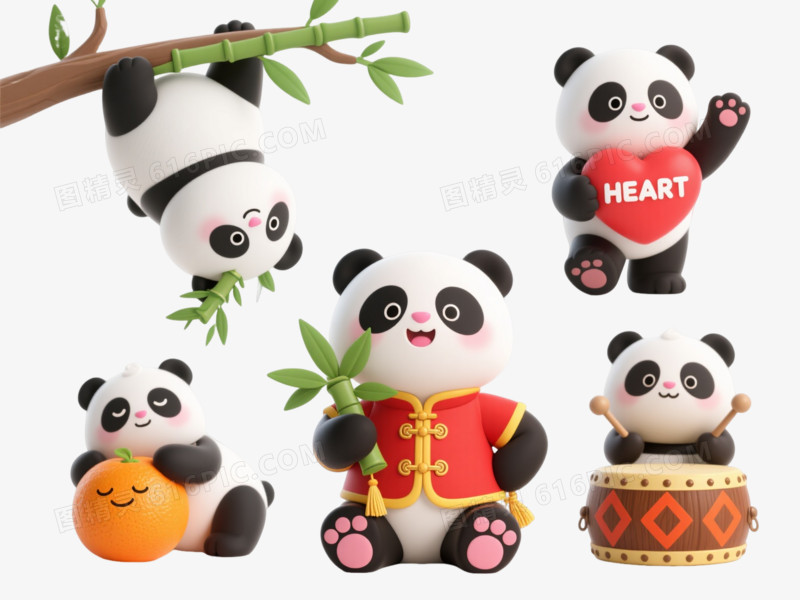六只Q版熊猫卡通手绘元素