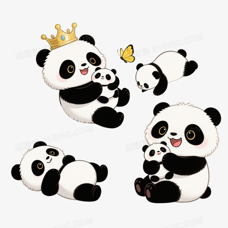 五只可爱熊猫卡通手绘元素