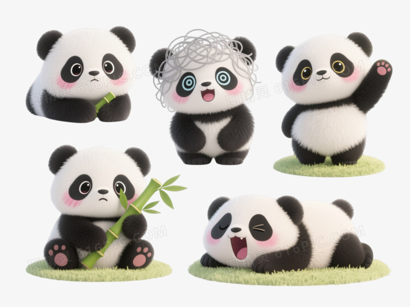 六只可爱熊猫卡通手绘元素