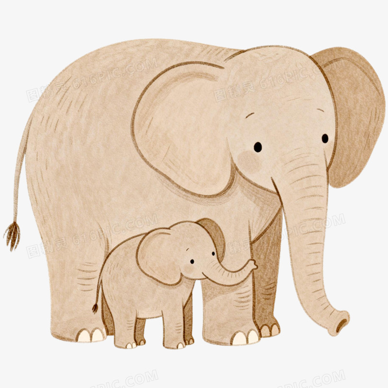 手绘插画动物大象亲子免抠元素