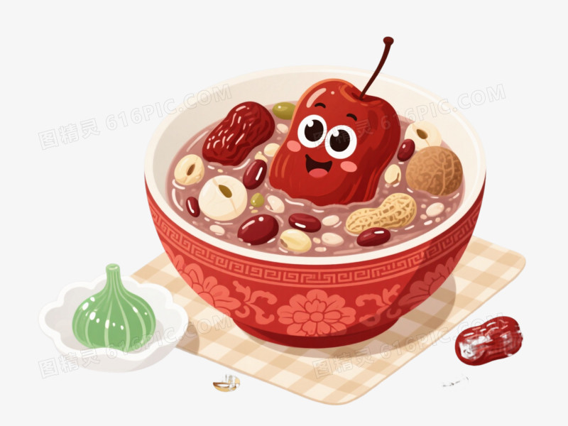 红色瓷碗八宝粥卡通手绘元素