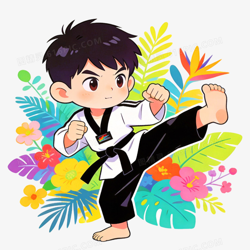 手绘插画跆拳道兴趣班免抠元素