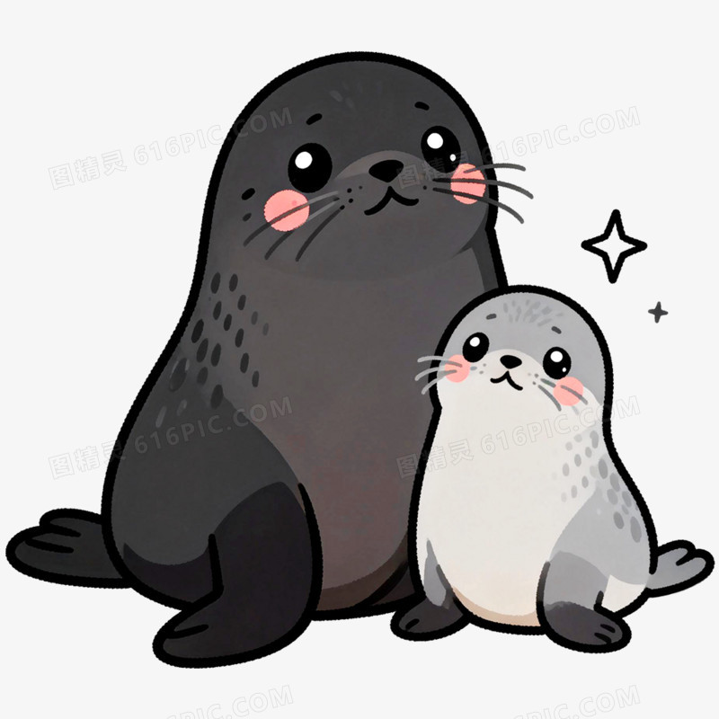 手绘插画动物海豹亲子免抠元素