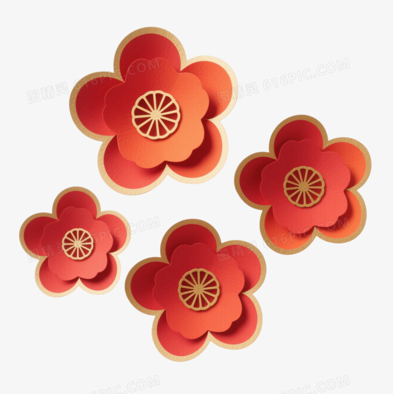 红橙渐变剪纸花朵装饰图案