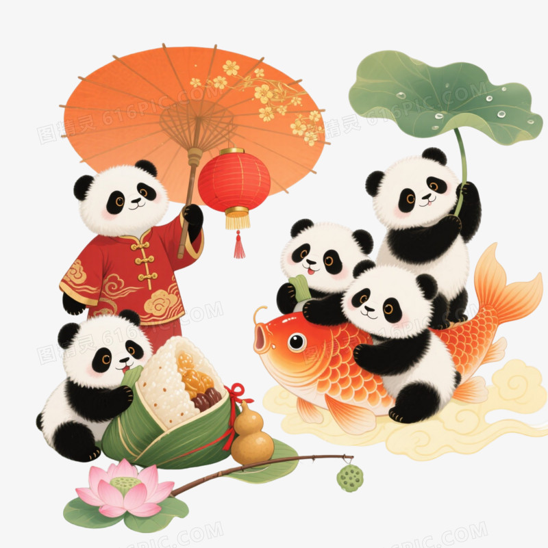 九只国风熊猫幼崽卡通手绘元素