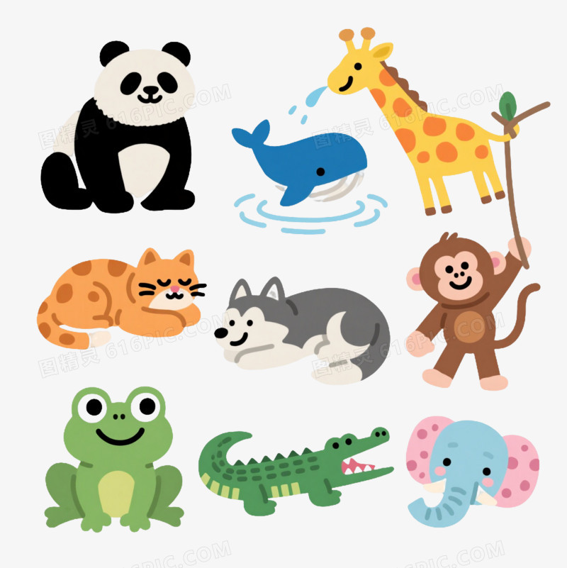 九只卡通动物扁平插画元素