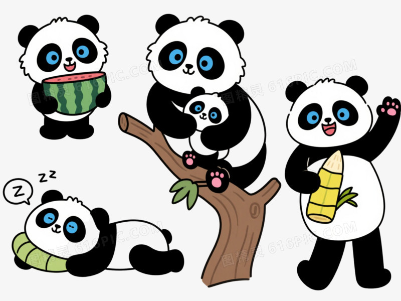 六只可爱熊猫卡通手绘元素