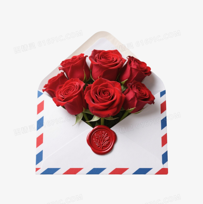 白信封红蓝条纹火漆玫瑰写实元素