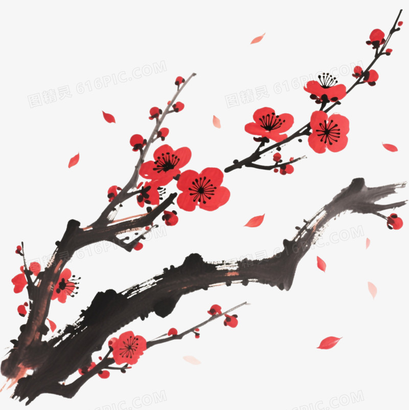 红梅枝条水墨风格装饰图案