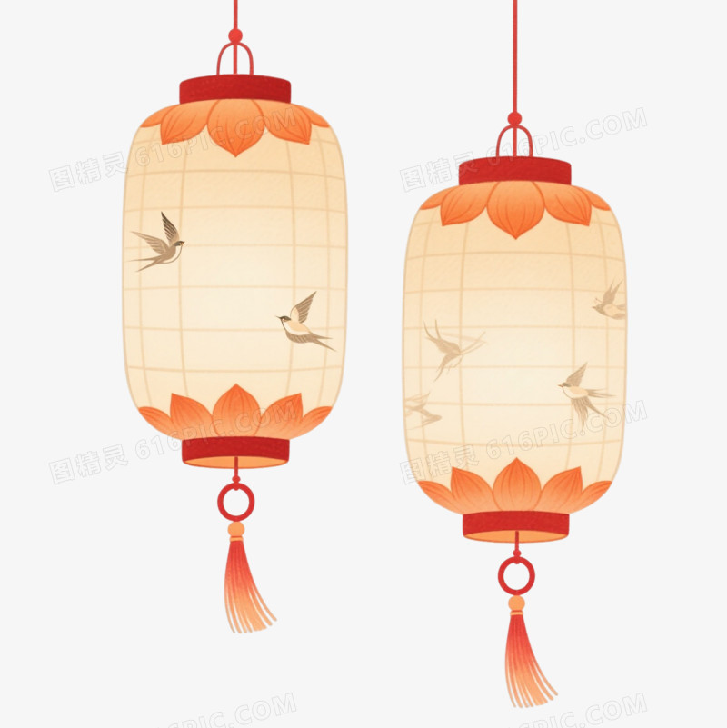 米黄飞鸟暗纹中式灯笼手绘插画元素