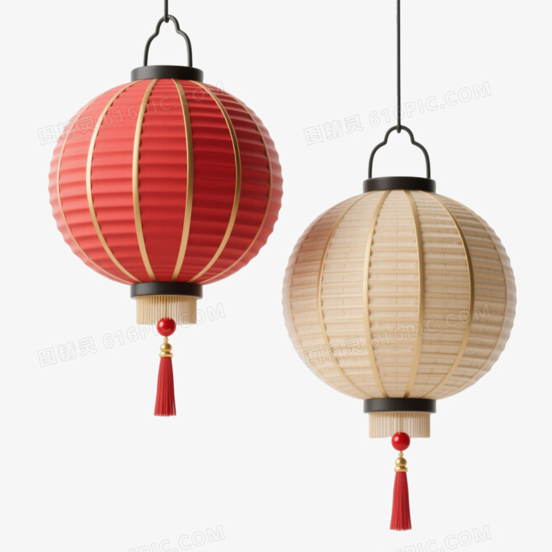红色中式纸灯笼3D写实元素