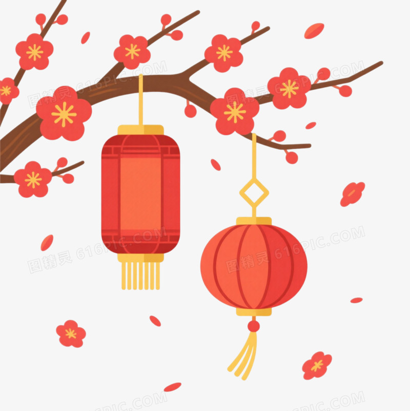 红梅灯笼扁平插画节日元素