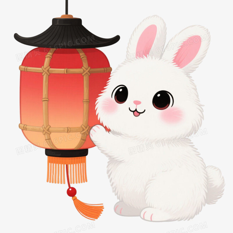 白兔红灯笼卡通手绘元素