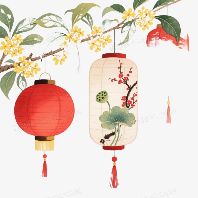 水彩桂花灯笼节日元素