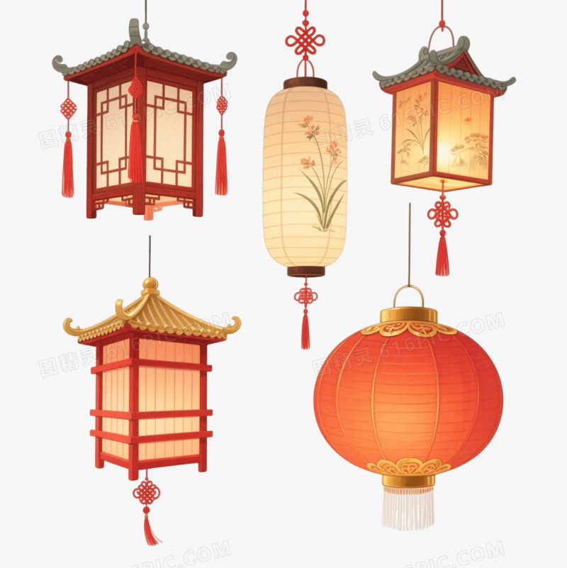 六盏中式灯笼手绘插画元素