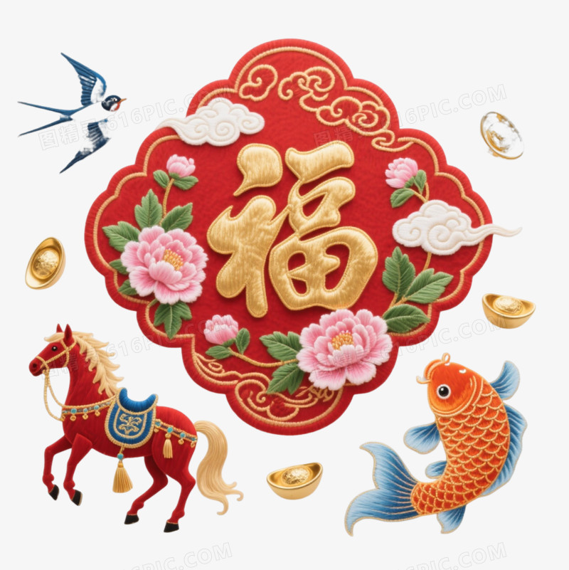 红金福字刺绣边框节日元素