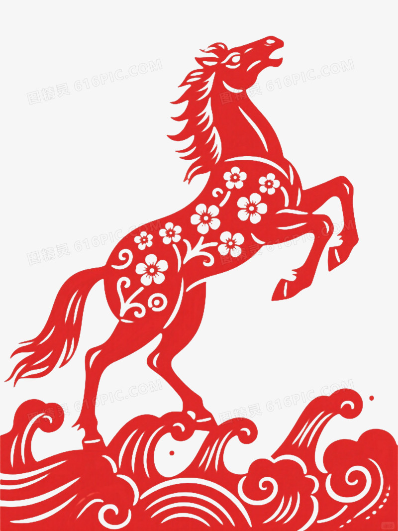红色剪纸跃马节日元素