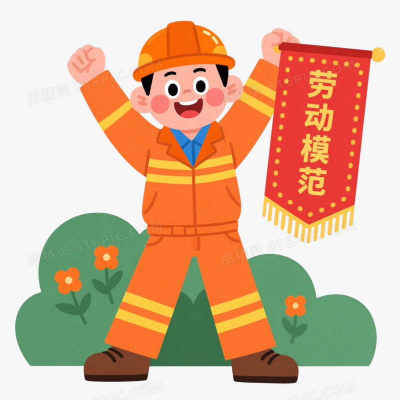 橙色工装劳模扁平插画元素
