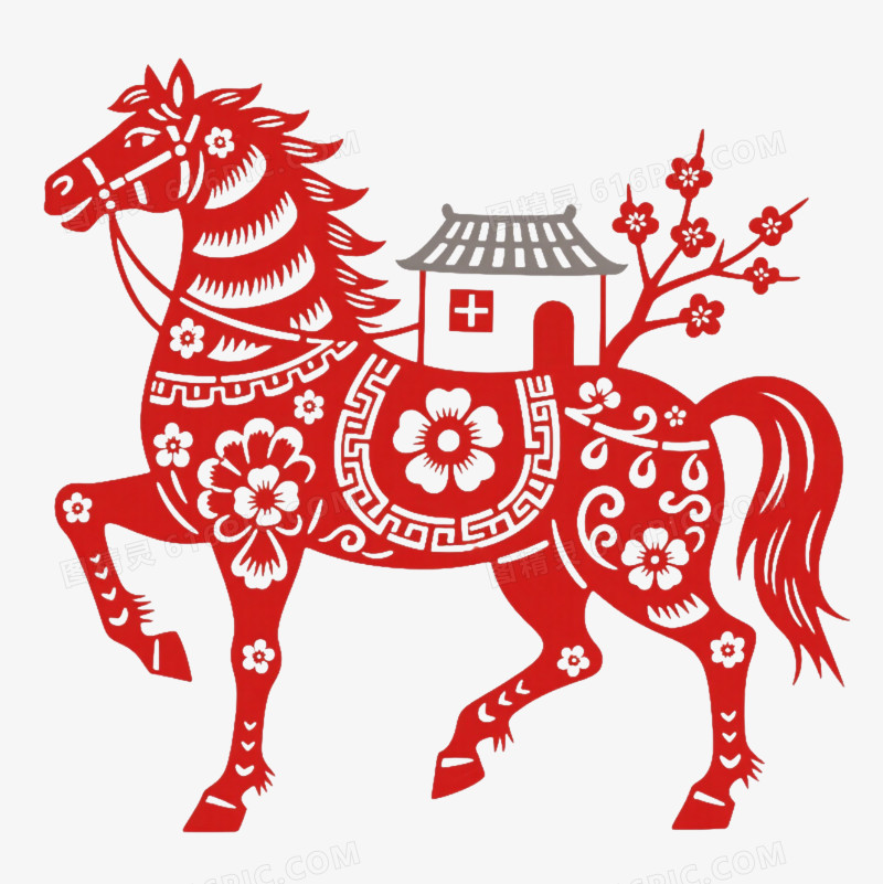 红剪纸骏马装饰图案元素