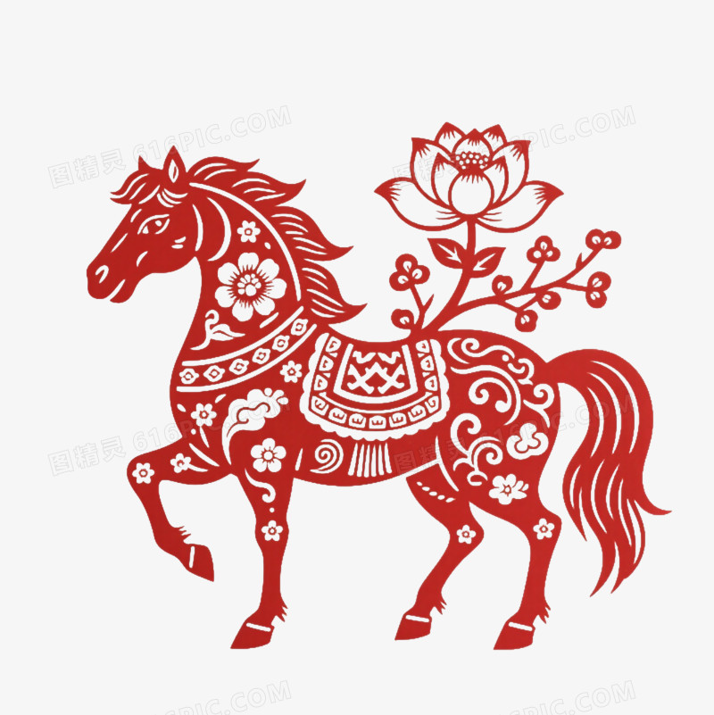 红色剪纸骏马装饰图案