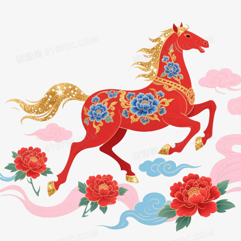 朱红骏马祥云牡丹装饰图案