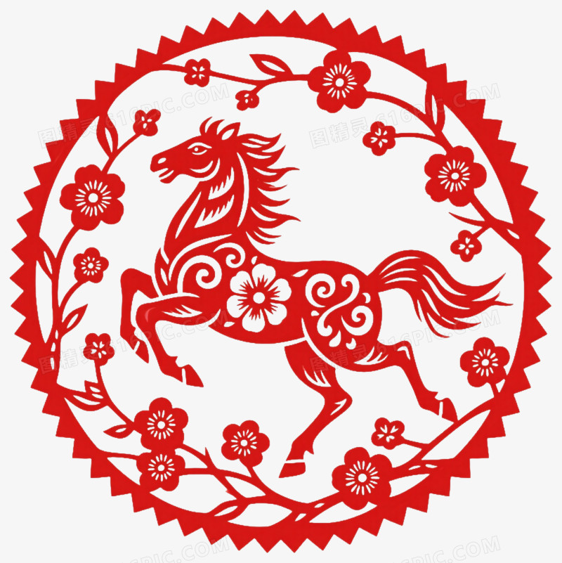 红色剪纸奔马节日元素