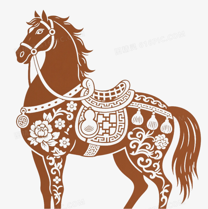 棕色骏马剪纸风格装饰图案