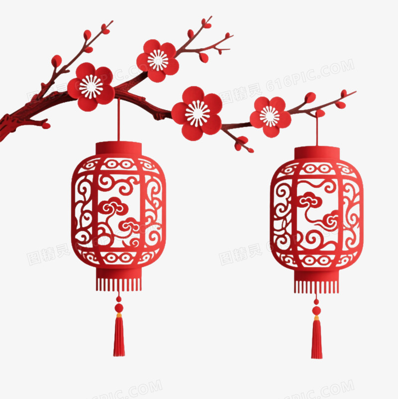 红梅灯笼剪纸风格节日元素
