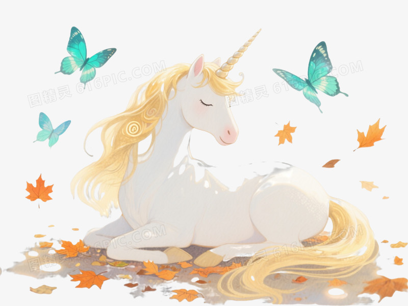 水彩梦幻白独角兽漂浮元素
