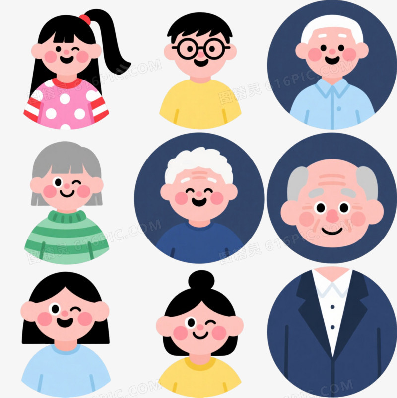九人圆形头像卡通手绘元素
