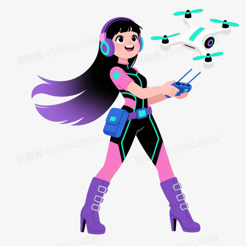 紫渐变少女悬浮无人机漂浮元素