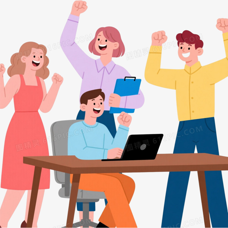 扁平插画职场四人组卡通手绘元素