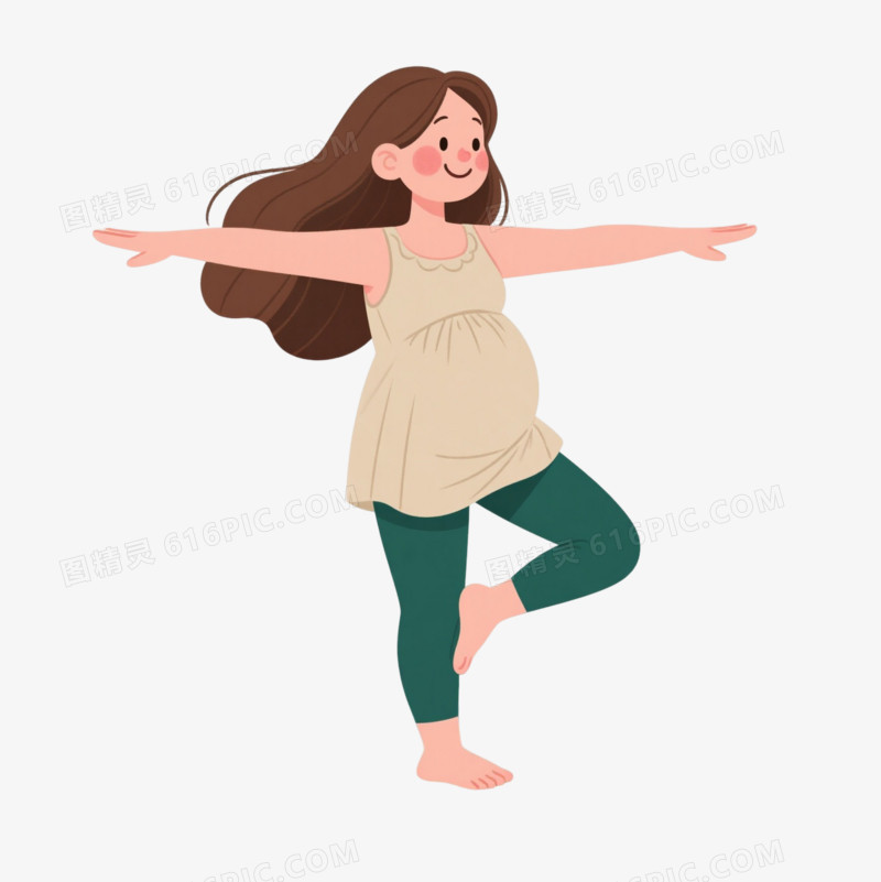 棕发孕妇树式瑜伽卡通手绘元素