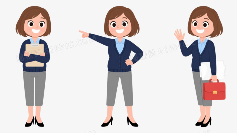 棕色短发女性扁平插画元素