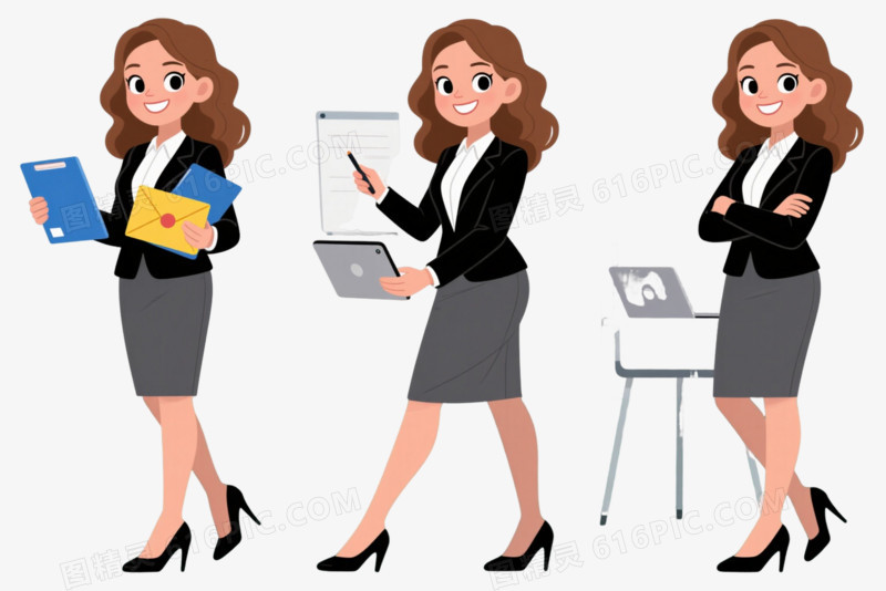 棕色卷发职场女性扁平插画元素