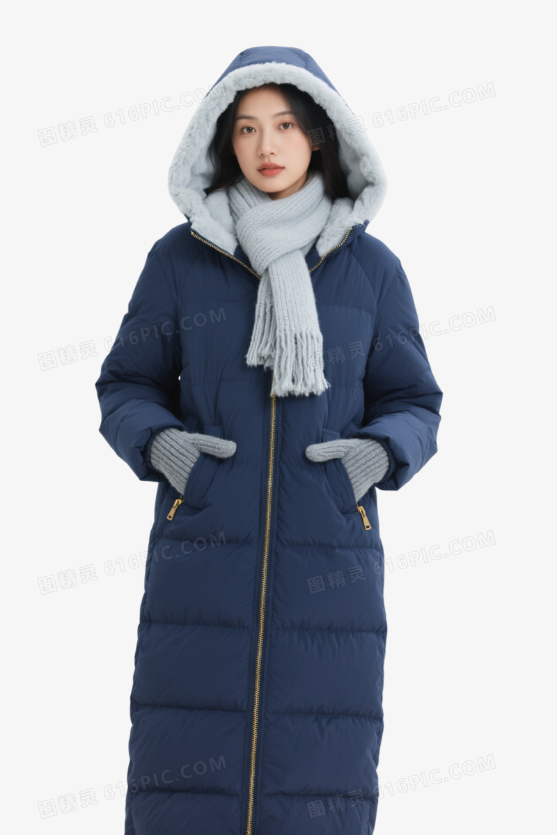 深蓝羽绒服女性产品实物元素