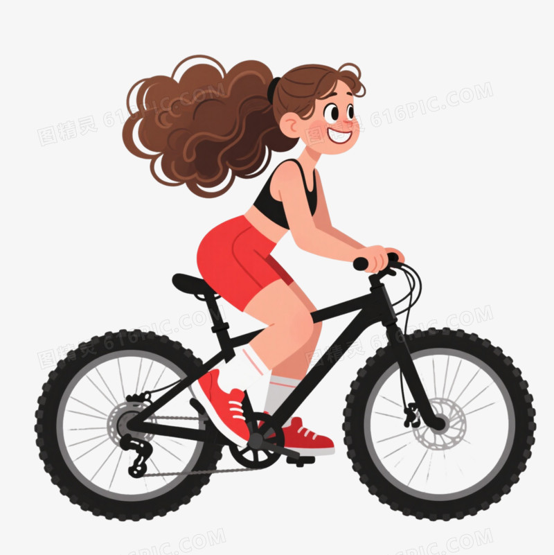 卷发女骑车卡通手绘元素